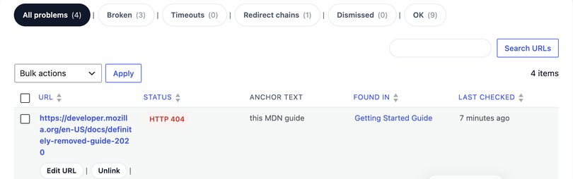 A broken-link row with one-click Edit URL and Unlink actions